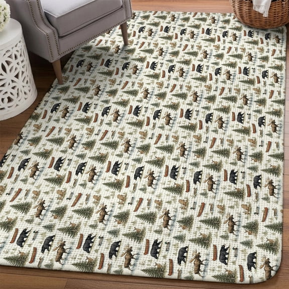 Forest Wildlife Area Rugs for Living Room 5x6, Country Vintage Pine Trees Bear Moose Wooden Canoes Washable Area Rug Non Slip, Stain Resist Linen Carpet for Bedroom, Dining Room, Entryway, Entrance