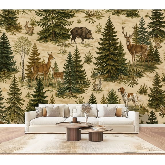 Forest Wildlife hunting Wallpaper Deer Boar Trees Autumn Peel and Stick Wall Murals 100"H x 144"W Removable PVC Wall Paper Self-Adhesive Wall Decor for Bedroom Living Room