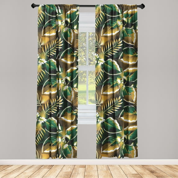 Forest Window Curtains, Fantasy Jungle Floral Ornaments and Leaves Exotic Print Artwork, Lightweight Decor 2-Panel Set with Rod Pocket, Pair of - 28"x95", Amber Forest Green and Fawn, by Ambesonne