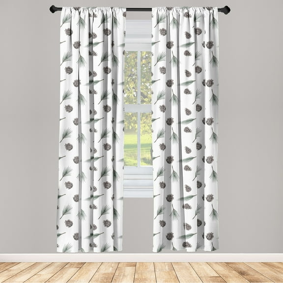 Forest Window Curtains, Winter Inspired Illustrated Pine Tree Leaf and Cone Pattern on Plain, Lightweight Decor 2-Panel Set with Rod Pocket, Pair of - 28"x84", Fern Green and Pale Grey, by Ambesonne