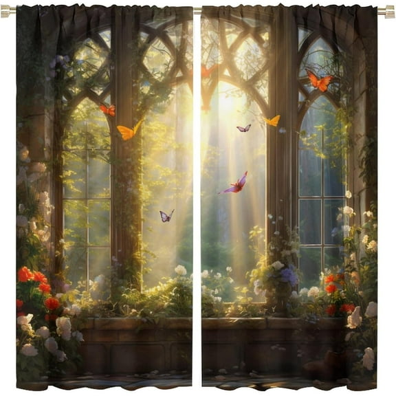 Forest Window Outside Scenic Theme Curtain, Early Morning Sun Ray Beautiful Butterfly Flower Landscape, Retro Medieval Window Frame Art Deco Curtain, Room Living Room Blackout Curtain 2 Pieces 52x84in