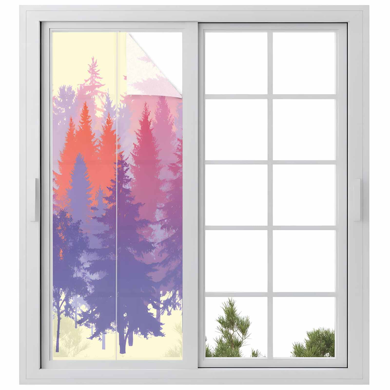 Forest Window Privacy Film, Country Abstract Art Ombre Purple Pink Tree Farmhouse Beige Frosted Glass Window Clings Static Cling UV Heat Blocking Reusable Door Sticker for Bathroom 23.6 x 59 Inch