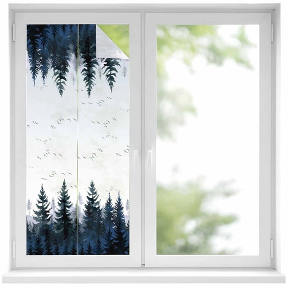 Forest Window Privacy Film, Dark Blue Fall Bird Vintage Farmhouse Tree Static Cling UV Sun Blocking Heat Control Window Tint Day and Night, Non-Adhesive One Way Windows Privacy Cover 17.7''x39.3''