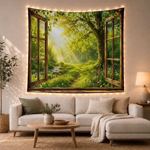 Forest Window Scene with Sunbeams and Wildflower Meadow, Peaceful Rustic Style for Nature Lovers, Wall Decor, Housewarming Gift, Tapestry Wall Hanging for Bedroom and Living Room