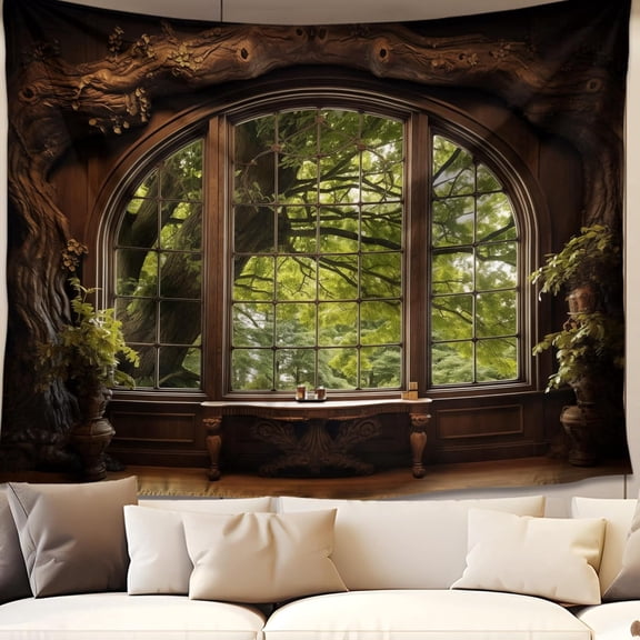 Forest Window Tapestry, Nature Outdoor Tapestry Wall Hanging Woodland Scene Large Wall Mural for Bedroom Living Room Office Decor