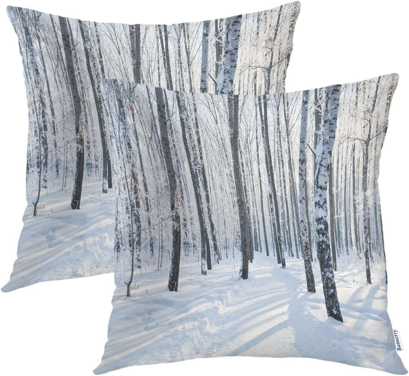Forest Winter Scene Throw Pillow Covers,Snow Misty Scenery Nature Wood