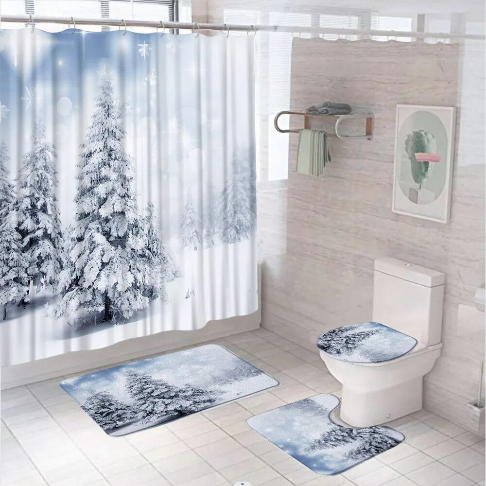 Forest Winter Scenery Shower Curtain Set Christmas Mountain Scenery ...