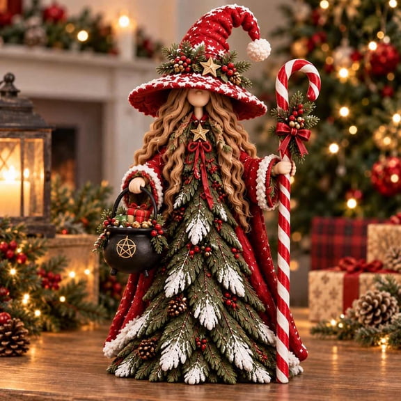 Forest Witch Christmas Figurines, Resin Hand Painted Tabletop Holiday Decor with Pinecones & Woodland Animal Details, Winter Mantel Shelf Indoor Ornament, Housewarming Christmas Gift