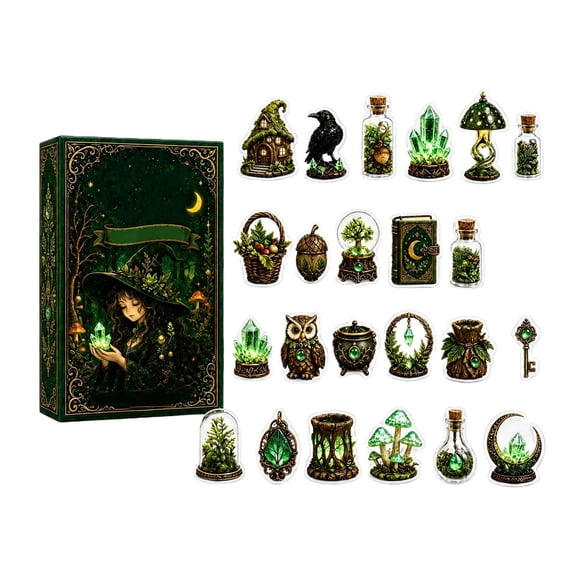 Forest Witch Crystal Advent Calendar, Countdown Set with 2D Acrylic Ornaments Featuring Ravens, Owls and Botanical Mystic Motifs