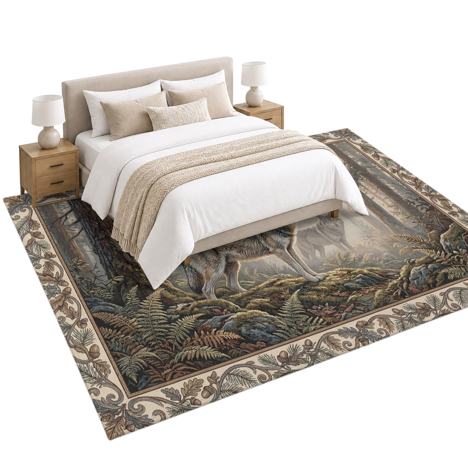 Forest Wolf Area Rug 6'x9', Country Jungle Tree Leaf Flowers Landscape ...