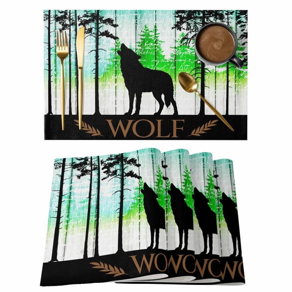 Forest Wolf Cotton Linen Placemats Set of 1, Pine Needles Green Gradient Wood Grain Washable Table Place Mats Heat Insulating Placemat for Dining Room Kitchen Daily Use 13 x 19 Inch