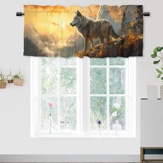 Forest Wolf Curtain Valance for Kitchen Wild Animal Mountain Waterfall Nature Scenery Window Valance for Living Room Bedroom, Kitchen Valance Rod Pocket Window Curtain 54 by 18 in, 1 Panel