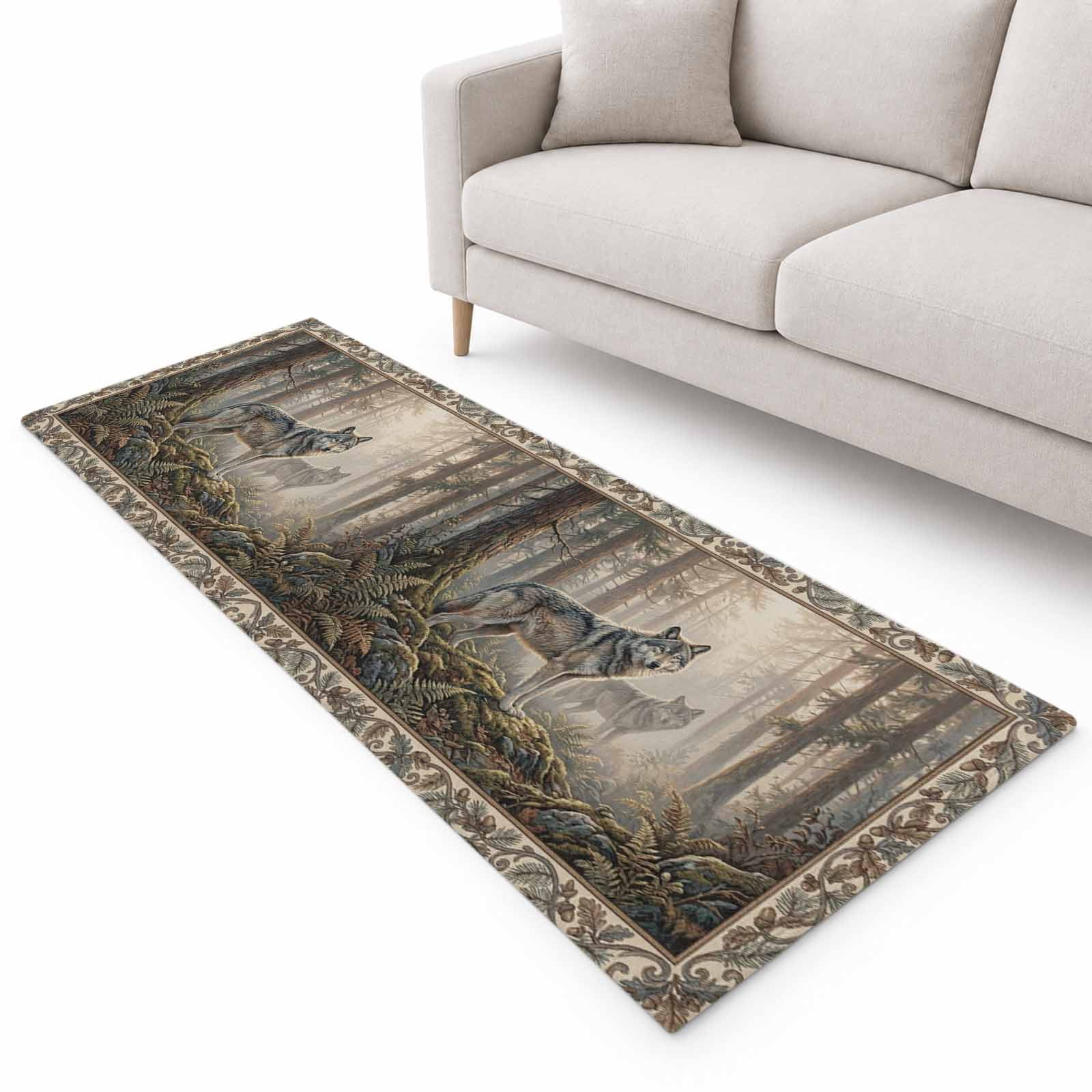 Forest Wolf Runner Rug 2.6'x8', Country Jungle Tree Leaf Flowers ...