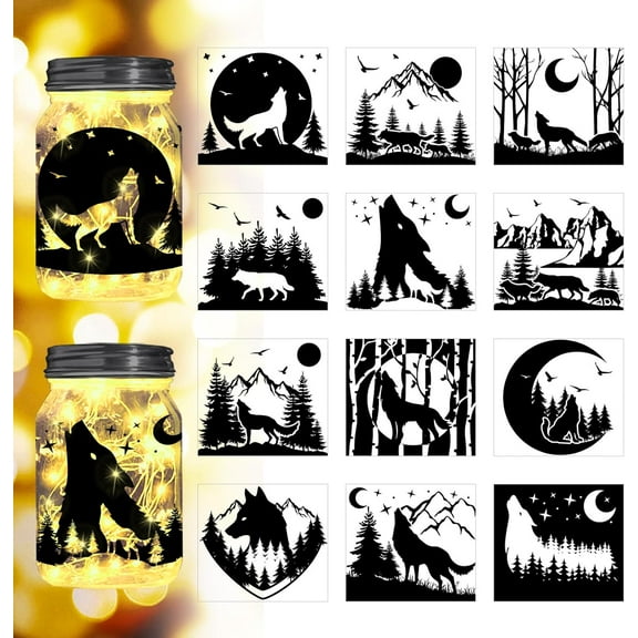 Forest Wolf Silhouette Cutouts for Jars Mason Can Window Glass Wishing Bottle Decor(No Stickers) 12Pcs Reusable Silhouette Lantern DIY Craft Kit Jar Decals Art Mural Home Garden Decor