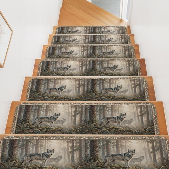 Forest Wolf Stair Treads Non Slip for Steps Country Jungle Animal Tree Leaf Flowers Landscape 7 Pcs Reusable Adhesive Stair Runner Mats for Dogs Elders Carpet Treads Rugs for Staircase 8x30 In