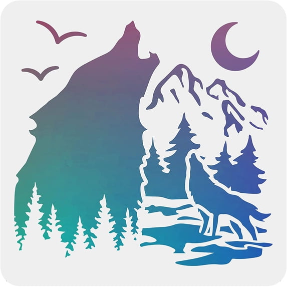 Forest Wolf Stencils Template 11.8x11.8 inch Plastic Forest Mountain Moon Patttern Stencils Reusable Wildlife Animal Stencils Create DIY Wolf Crafts and Decor for Wood Wall Home Decor