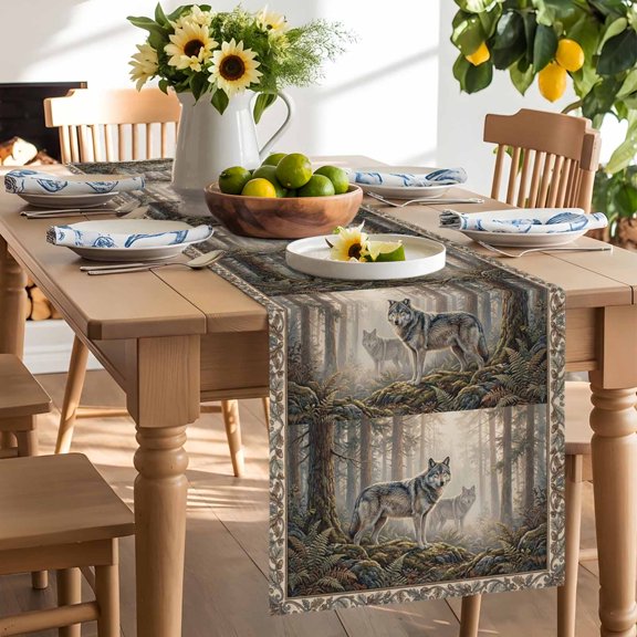 Forest Wolf Table Runner, Country Jungle Animal Tree Leaf Flowers Landscape Washable Kitchen Table Runners Dress Scarves for Dining Table Decorations Party/Restaurant/Indoor Outdoor Use, 13x36in