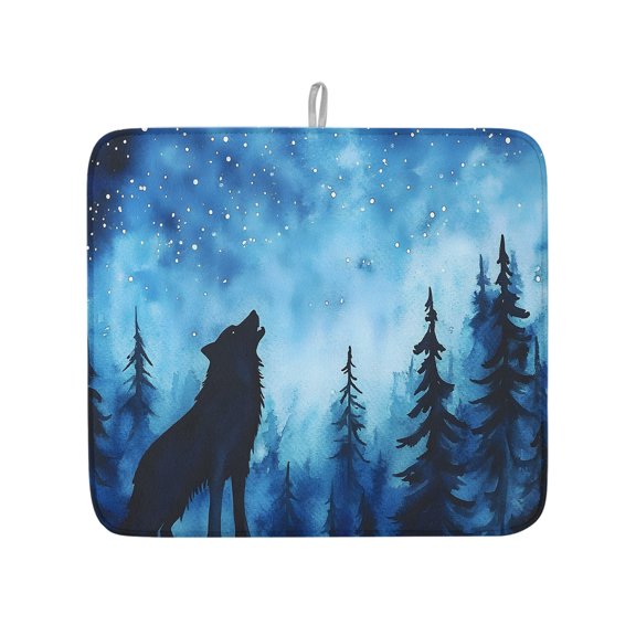 Forest Wolf Tree Silhouette Dish Drying Mats for Kitchen Counter,Absorbent Microfiber Dish Drainer Rack Mat Starry Night Animal Plant Drying Pad for Sinks,Utensils,Countertops,16x18in