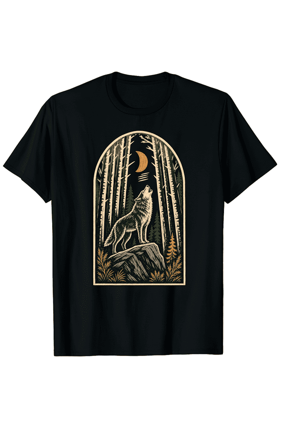 Forest Wolf Unisex Graphic T-Shirt, Howling Animal Arch Design, Cotton Crew Neck
