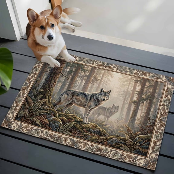 Forest Wolf Washable Entry Rug 2x3 Country Jungle Animal Tree Leaf Flowers Landscape Low Pile Indoor Door Mat with Rubber Backing Thin Area Rug for for Entrance, Bedroom, Kitchen, Laundry, Bathroom