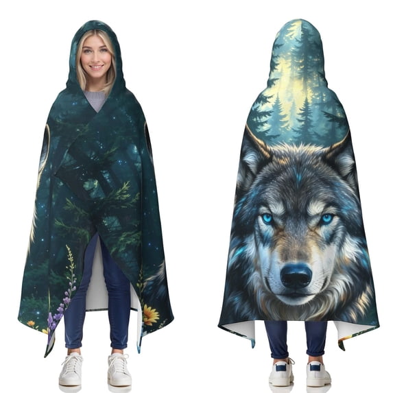 Forest Wolf Wearable Blanket Hoodies for Women Men Adults Wolf Lovers Plush Lightweight Cool Wolves Hooded Blankets for Camping Office Decor Birthday Gifts 60×80 Inch