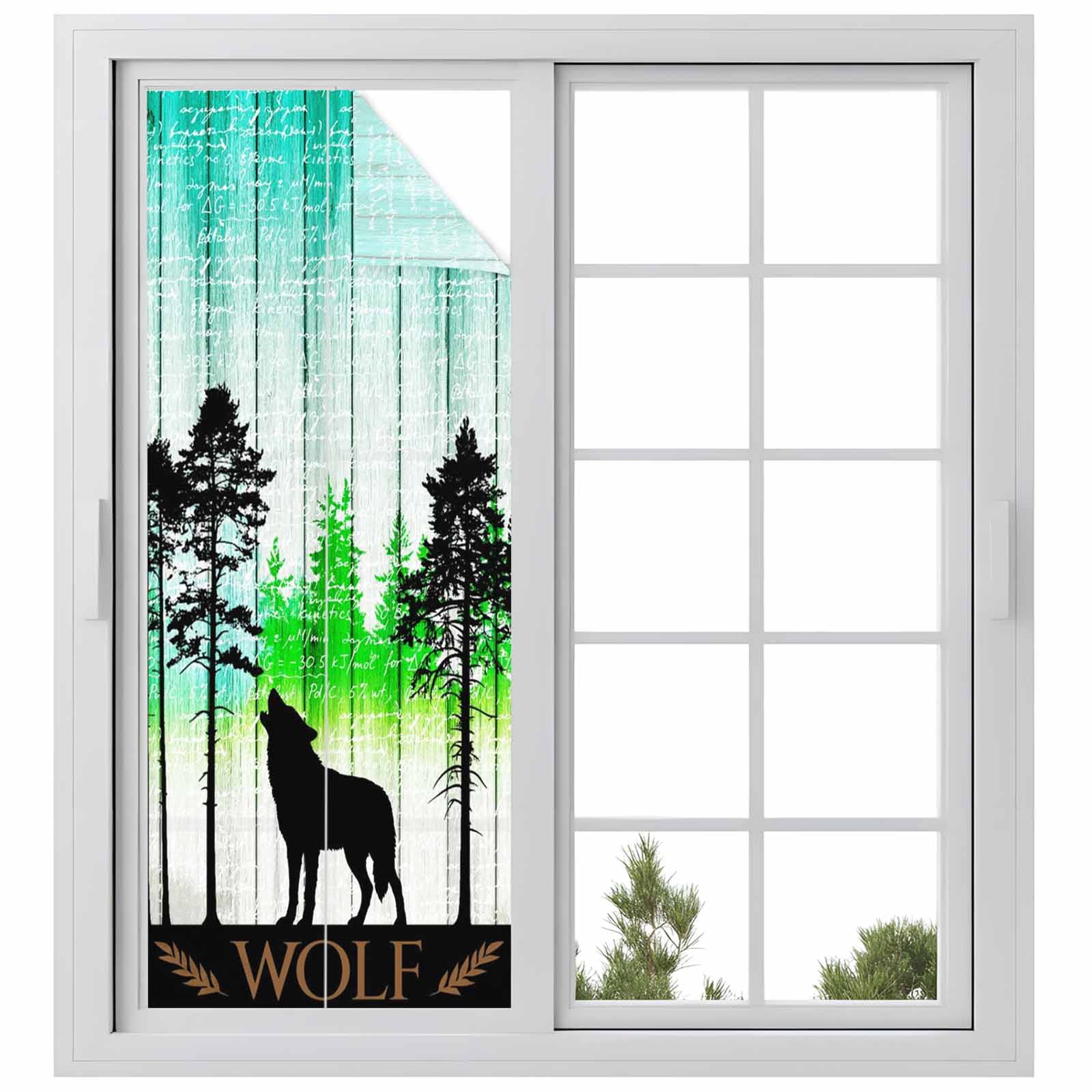 Forest Wolf Window Privacy Film, Pine Needles Green Gradient Wood Grain Frosted Glass Window Clings Static Cling UV Heat Blocking Reusable Door Sticker for Bathroom 23.6 x 59 Inch