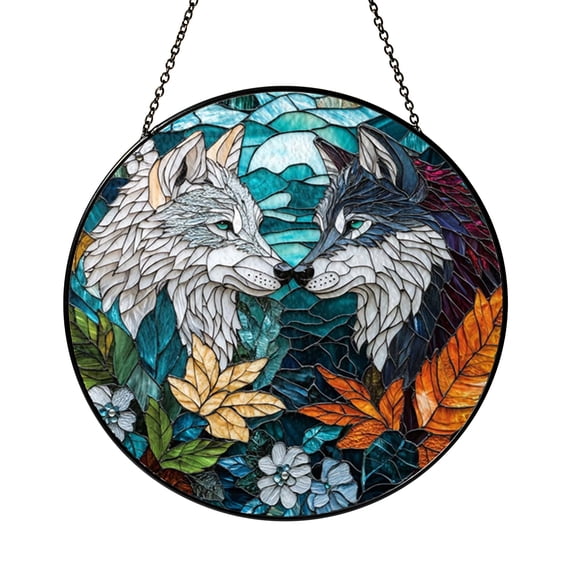 Forest Wolves Faux Stained Glass Window Cling, Double Sided Glossy Translucent Decorative Wildlife Window Film for Living Room Bedroom Decor