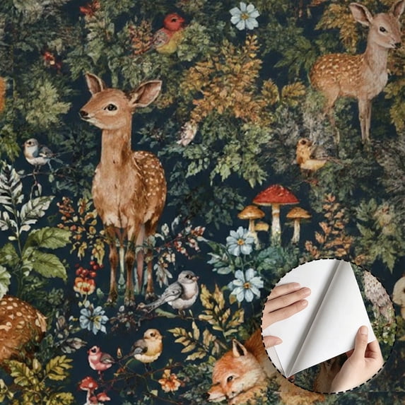 Forest Woodland Animals Wallpaper, Vintage Rustic Floral peel and stick wallpaper waterproof, Home Decor for Bedroom, Living Room, Bathroom, Kitchen Cabinet, Dorm Room 17.7 * 118 in