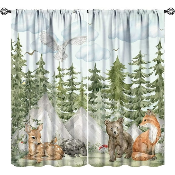 Forest Woodland Blackout Curtains for Kids,Retro Wildlife Animal Tree Cute Cartoon Bear Cabin Pattern Drapes Window 2 Panel Rod Pocket Curtain for Girls Boys Baby Bedroom Nursery Decor 27.5"W X 39"L