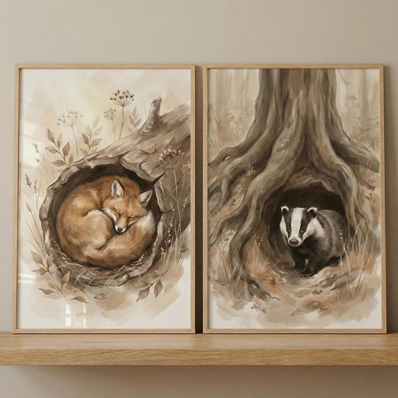 Forest Woodland Fox And Badger Den Neutral Woodland Animals Nursery Poster, Set 2, Poster Only