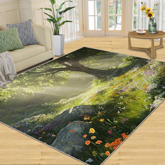 Forest Woodland Jungle Area Rugs, Green Landscape Carpet, Washable Non Slip Low Pile Soft Rug for Living Room Bedroom Dining Room Home Office Decor Mat 2x3ft