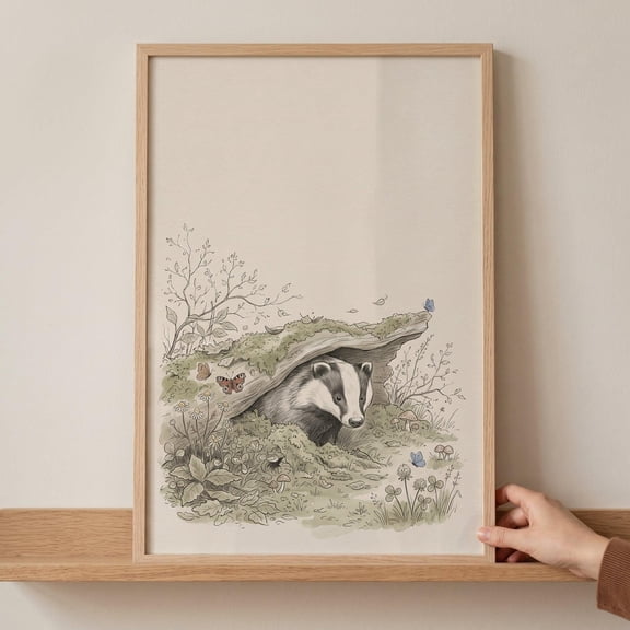 Forest Woodland Mossy Den Badger Animal Whimsical Nature Cottagecore Wildlife Badger Poster , Poster Print Only