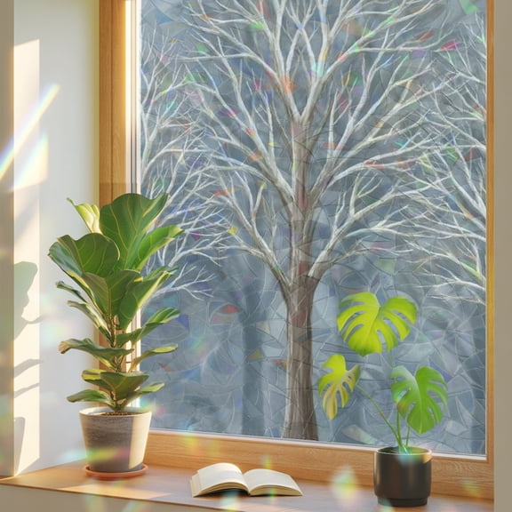 Forest Woodland Window Privacy Film Rainbow Static Cling Stain Glass Window Film for Glass Door, Decorative Heat Control UV Blocking Sunroof Decal Sticker for Car 17.7"x39.3" Steel Blue Trees Shadows