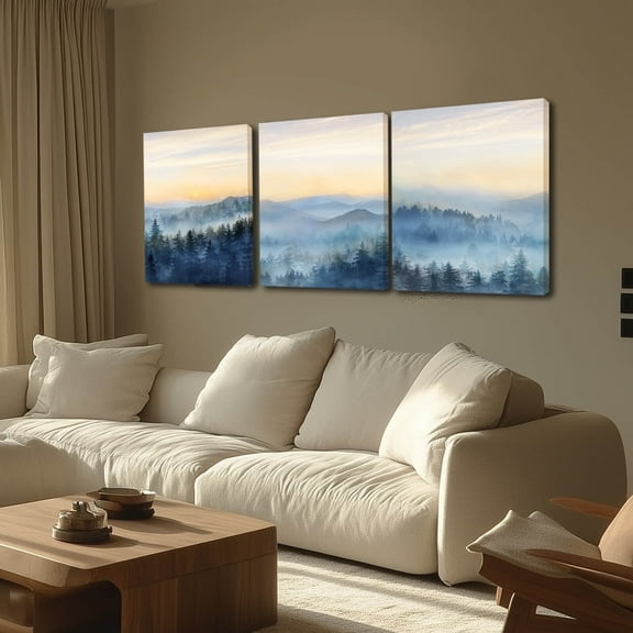 Forest and Mountain Wall Art Home Decor Wall Gold Sunrise Wall Painting 12x16 Inch Blue Nature Pictures Posters for Room Aesthetic Set Of 3