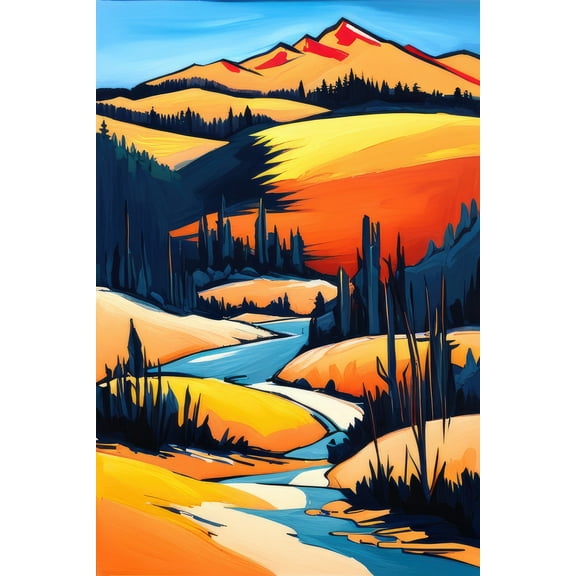 Forest and Mountains Acrylic Painting - 12" x 18" Art Print Wall Decor