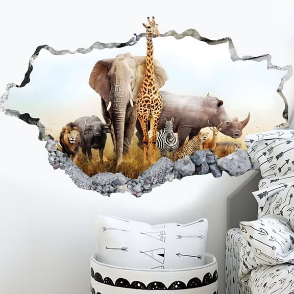 Forest animal decals elephant stickers Giraffe wall Stickers Simulation Crack Hole Stickers Self-Adhesive Peel and Stick Wall Decal Mural Living Room Bedroom Kids' Room Nursery Decor