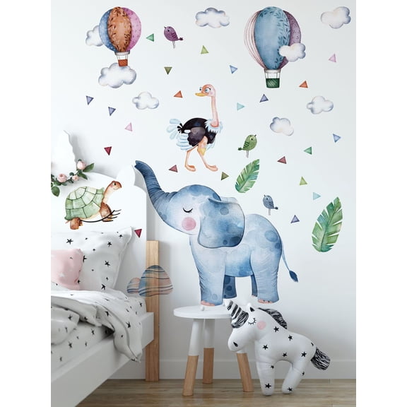Forest animal decals, elephant stickers, flamingo decals, plant leaf decals, hot air balloon decals DIY Peel and Stick Removable Bedroom Grass Wall Stickers Baby Nursery Girls Bedroom Kids Room Wall