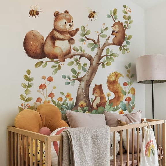 Forest animal wall stickers, tree stickers, squirrel wall stickers, tree decals,Peel and Stick living room and bedroom decals, wall decals, children's room stickers, glass stickers