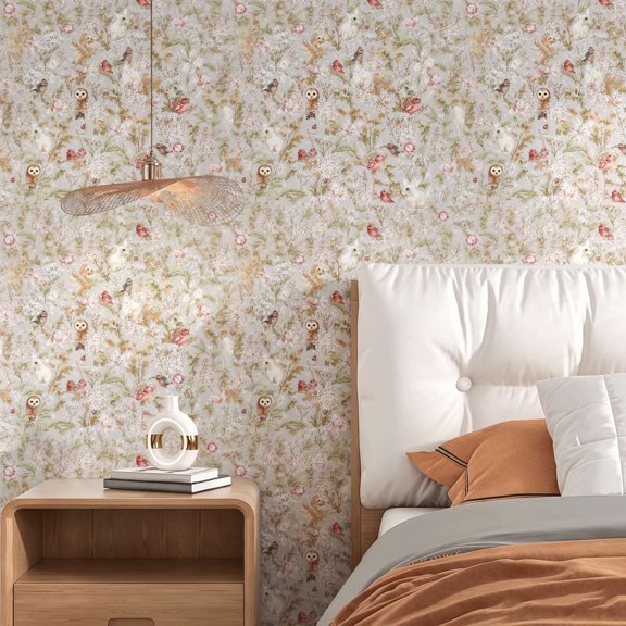 Forest animals and blooming floral wallpaper. Vintage watercolor cottagecore style. Suitable for indoor walls or cupboards.