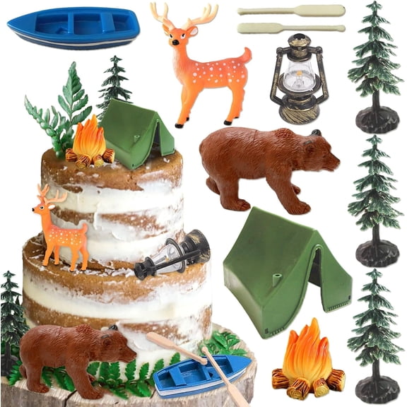 Forest camping cake decoration and accessory set - 11-piece set of simulated models of tents, campfires, and animals, accessories for outdoor party scene decoration