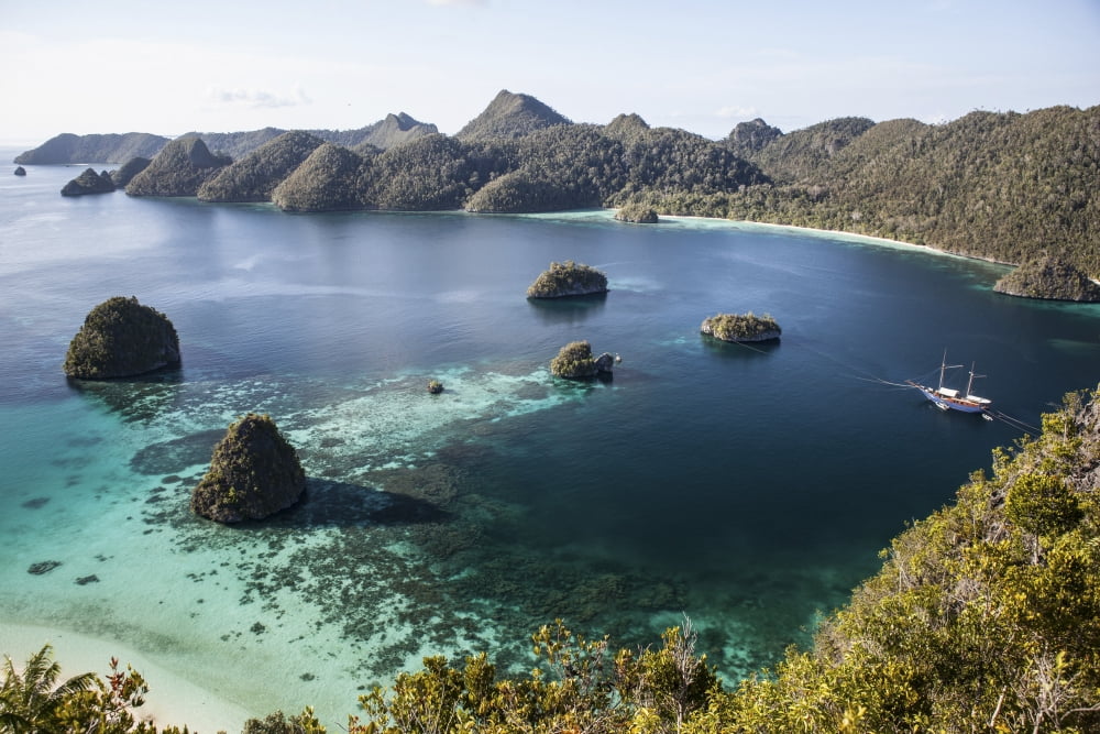 Forest-covered limestone islands surround a lagoon in Raja Ampat Canvas Art - Ethan DanielsStocktrek Images (34 x 23)