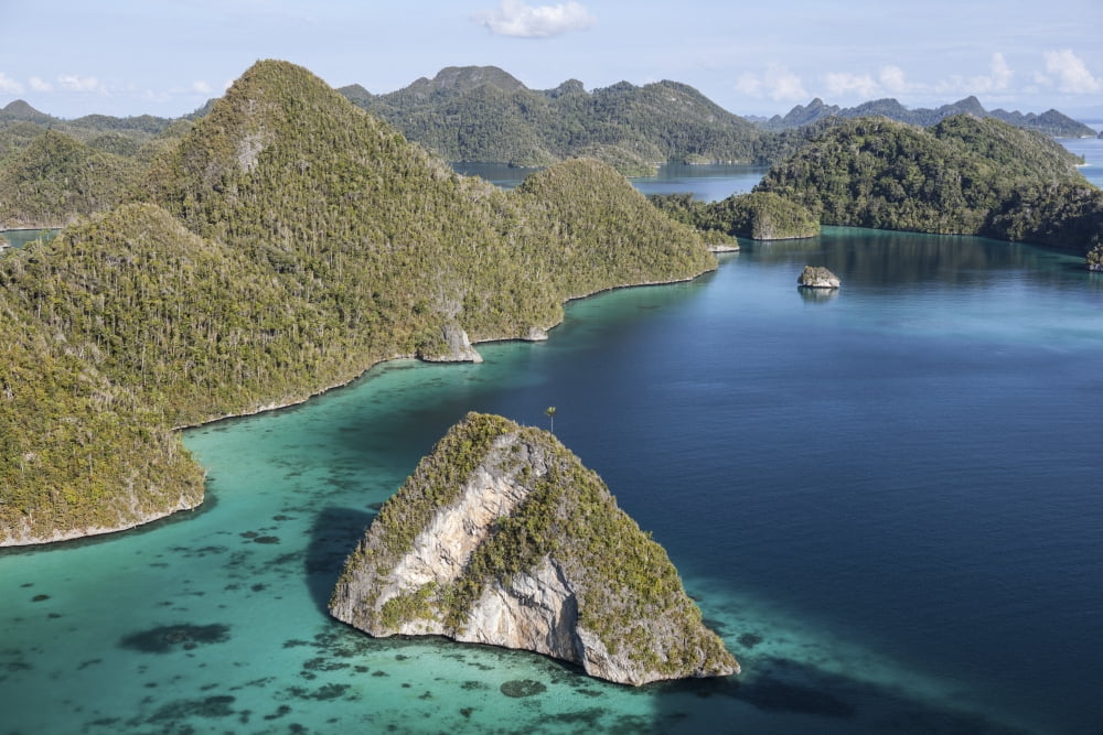 Forest-covered limestone islands surround a lagoon in Raja Ampat Canvas Art - Ethan DanielsStocktrek Images (34 x 23)