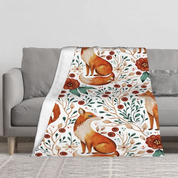 Forest red fox and wildflower print flannel blanket, comfortable decorative sofa and bed cover, suitable for forest animal lovers in bedrooms and living rooms.