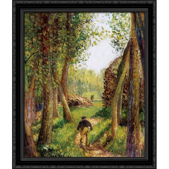 Forest scene with two figures 28x34 Large Black Ornate Wood Framed Canvas Art by Camille Pissarro