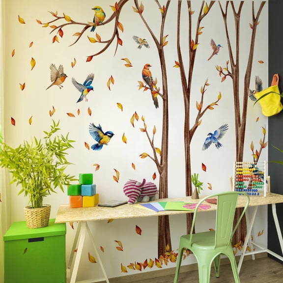 Forest tree decals, big tree and bird wall decals, bird stickers, Self-Adhesive Wall Decoration for Garden Living Room Bedroom Kitchen Playroom Nursery Room