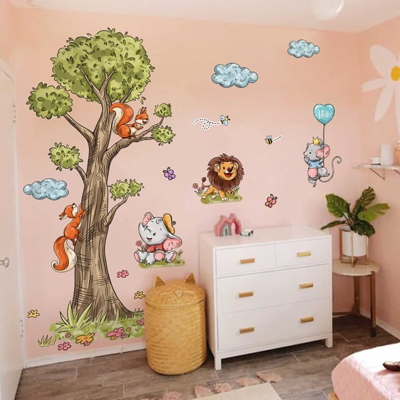 Forest tree decals, cartoon animal tree stickers, cloud wall stickers, squirrel decals, Peel and Stick children's room home background decoration, self-adhesive wall stickers