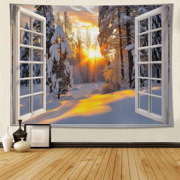 Forest winter sunset Tapestry Wall Hanging Window Tapestry Window Scenery Wall Aesthetic Tapestry for Office Bedroom Wall Art Decor Nature Landscape Tapestry 40x60 Inch