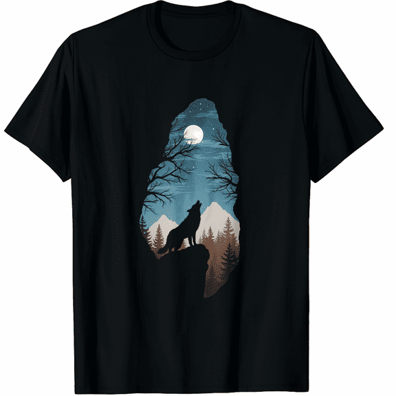 Forest with Full-Moon and Cliff Of Silhouette Howling Wolf T-Shirt for Men Women