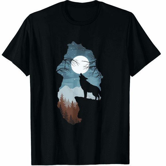 Forest with Full-Moon and Cliff Of Silhouette Howling Wolf T-Shirt for Men Women