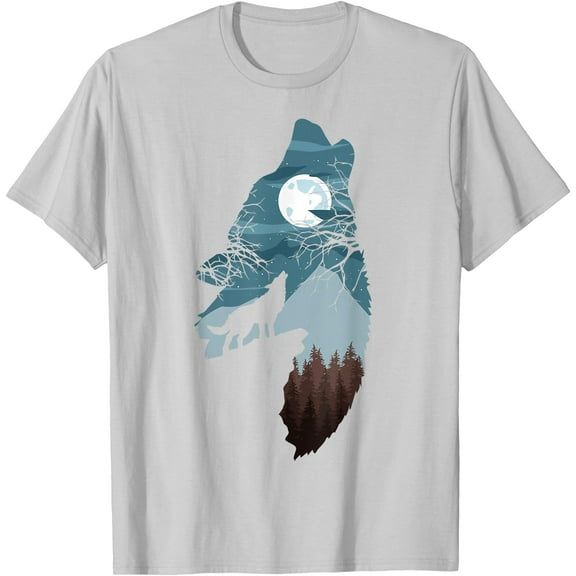 Forest with Full-Moon and Cliff of Silhouette Howling Wolf Unisex T-Shirt for Men Women Kids Toddler,Ice Grey Color,Size M